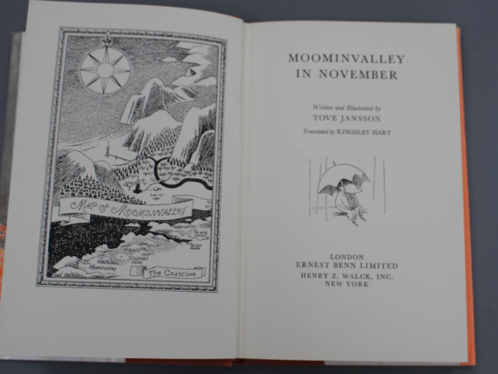 Jansson, Tove - Moominvalley in November, 8vo, with dj, fly leaf inscribed and illustrated by author, Ernest Benn, London, 1971